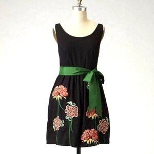Anthropologie Floreat Cranesbill Black Dess with Green Sash